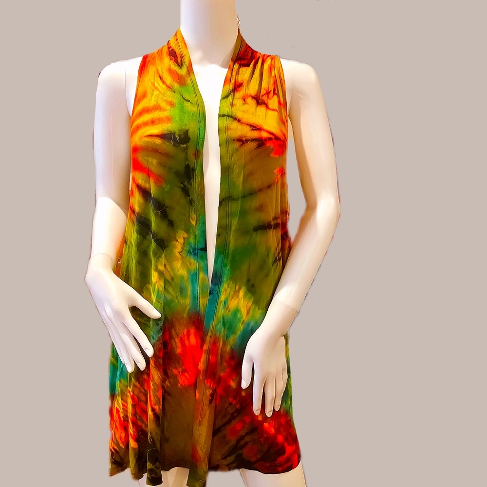 TIE DYE Rayon Stretch Sleeveless Cardigan-**5 Colors Avail.**- New